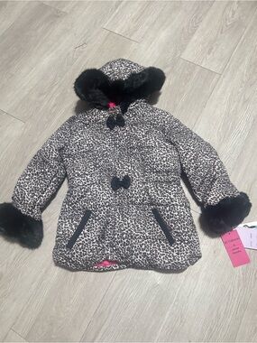 Girls' Leopard Print Puffer Coat with Faux Fur Trim